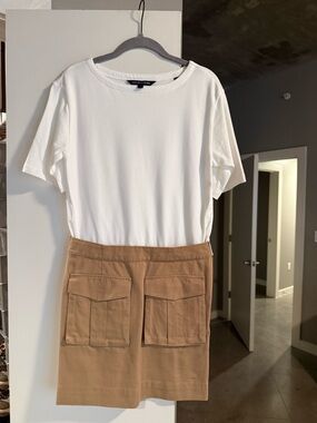 Veronica Beard White Tee with Tan Pocket Mini Skirt